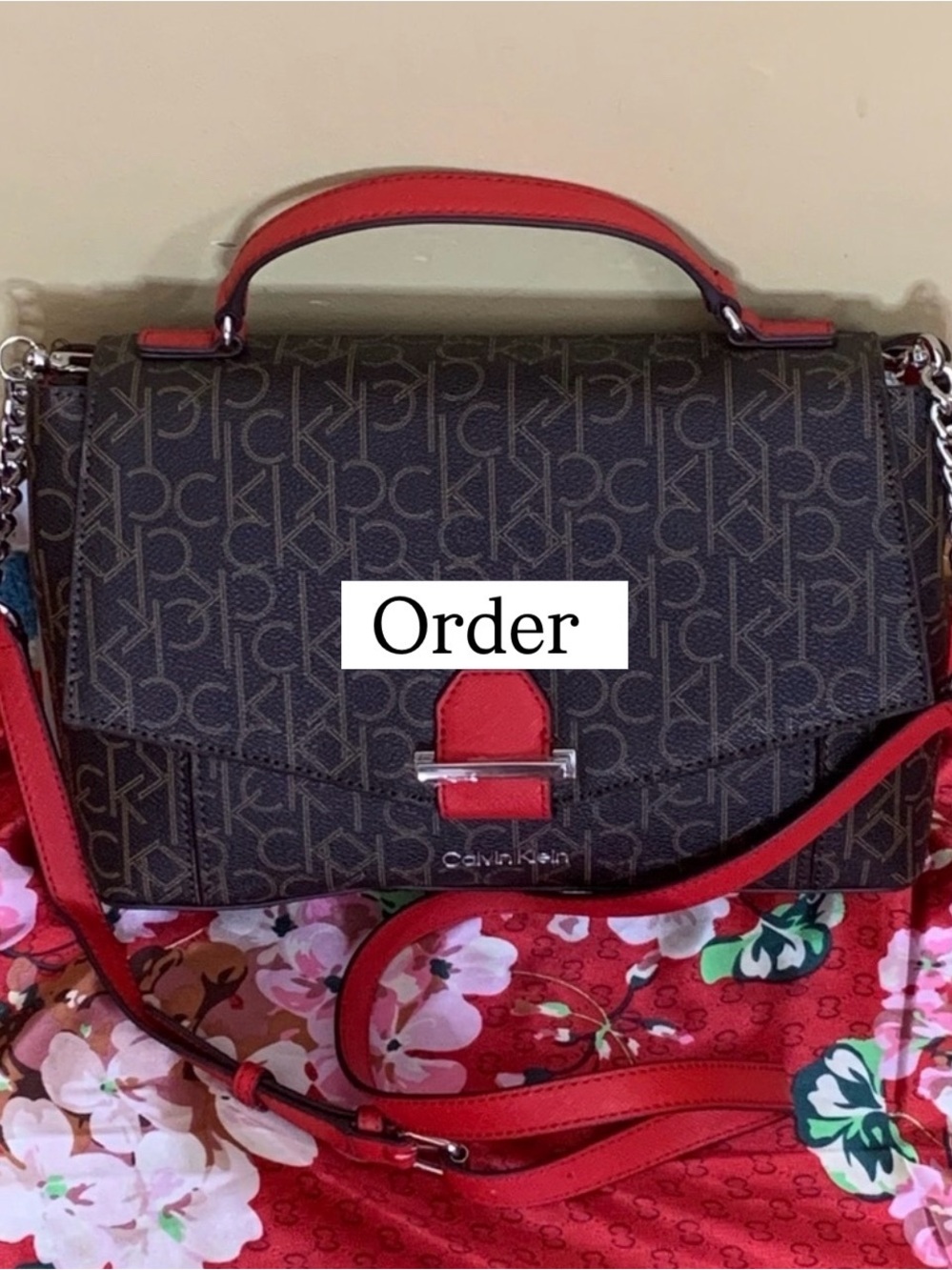 Calvin Klein Brown Signature Satchel with Red Trim